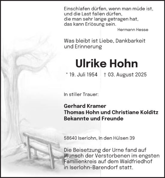 Traueranzeige von Ulrike Hohn von Tageszeitung