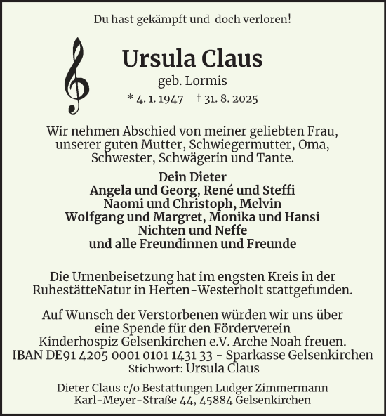 Traueranzeige von Ursula Claus von Tageszeitung