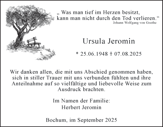 Traueranzeige von Ursula Jeromin von Tageszeitung