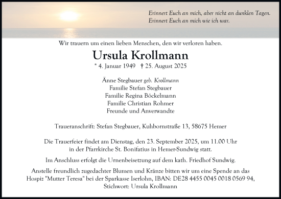 Traueranzeige von Ursula Krollmann von Tageszeitung