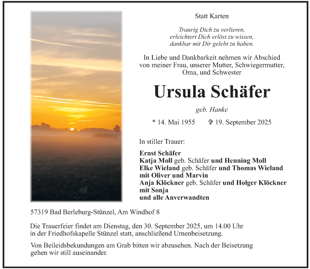  Traueranzeige für Ursula Schäfer vom 24.09.2025 aus Tageszeitung