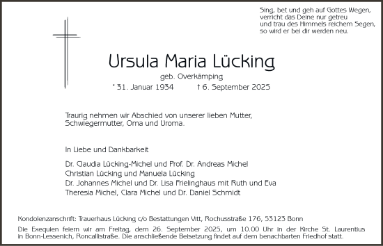 Traueranzeige von Ursula Maria Lücking von Tageszeitung