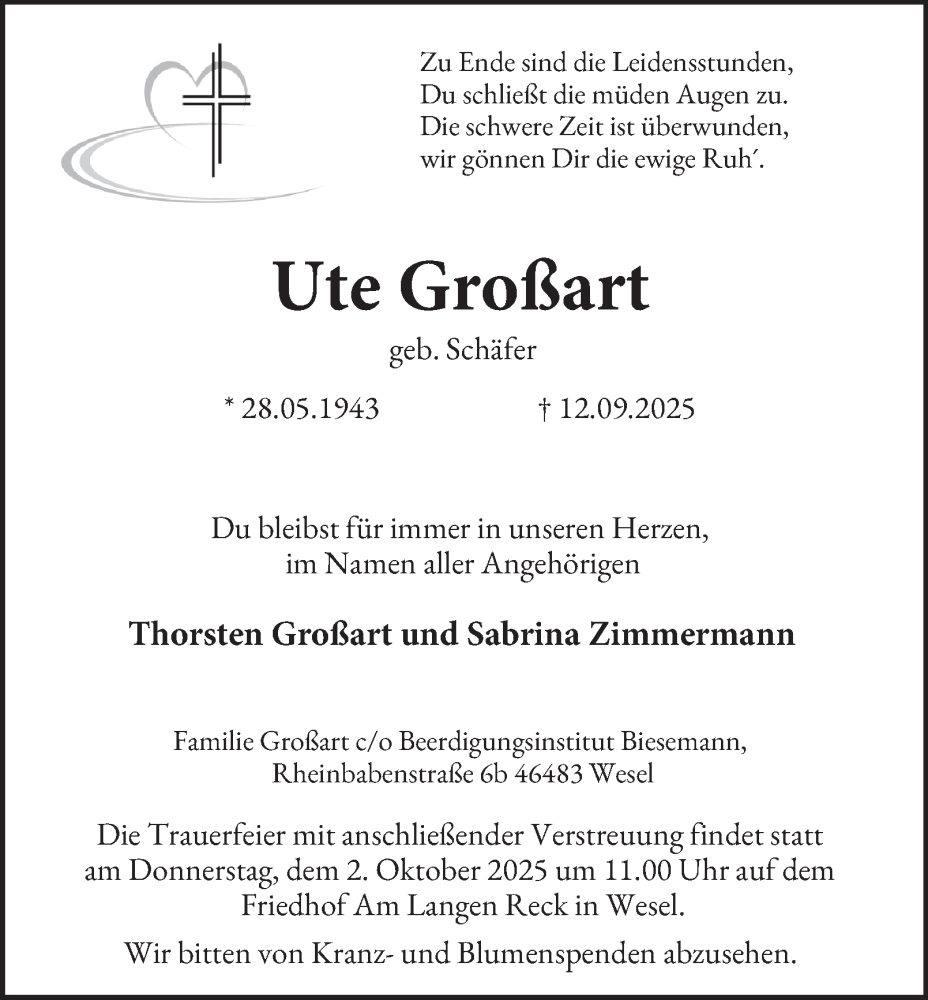  Traueranzeige für Ute Großart vom 27.09.2025 aus Tageszeitung