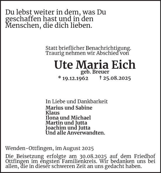 Traueranzeige von Ute Maria Eich von Tageszeitung
