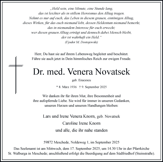 Traueranzeige von Venera Novatsek von Tageszeitung