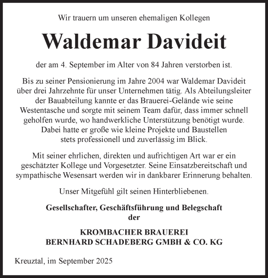 Traueranzeige von Waldemar Davideit von Tageszeitung