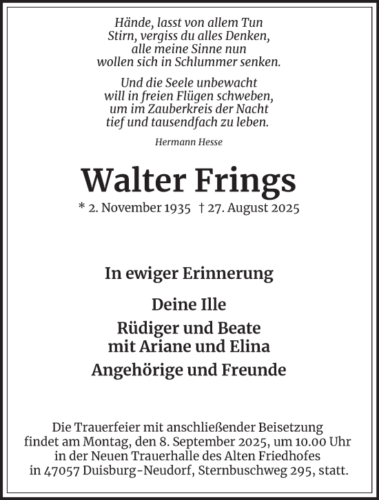Traueranzeige von Walter Frings von Tageszeitung