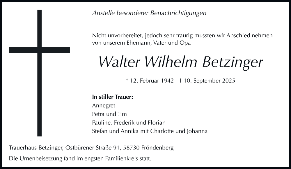  Traueranzeige für Walter Wilhelm Betzinger vom 27.09.2025 aus Tageszeitung