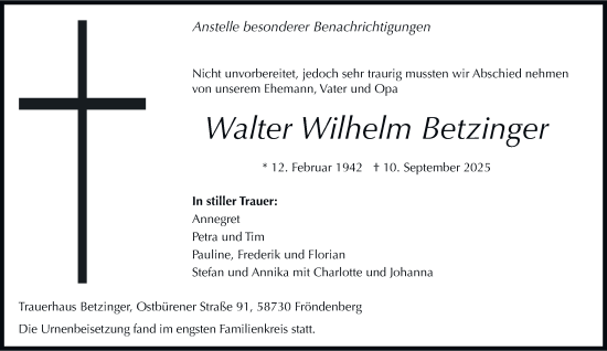 Traueranzeige von Walter Wilhelm Betzinger von Tageszeitung