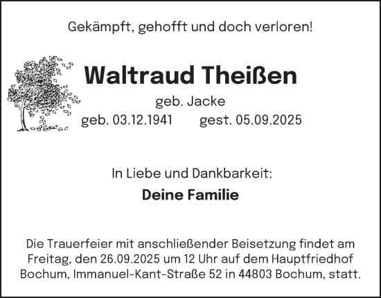 Traueranzeige von Waltraud Theißen von Tageszeitung