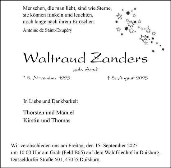 Traueranzeige von Waltraud Zanders von Tageszeitung