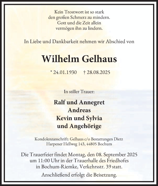 Traueranzeige von Wilhelm Gelhaus von Tageszeitung