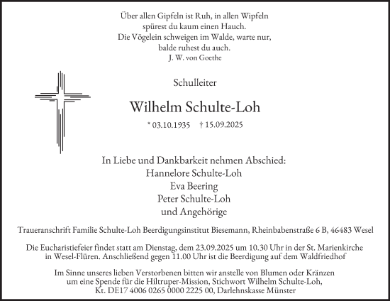 Traueranzeige von Wilhelm Schulte-Loh von Tageszeitung