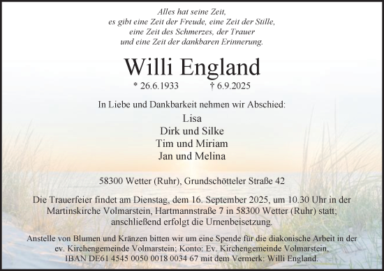 Traueranzeige von Willi England von Tageszeitung