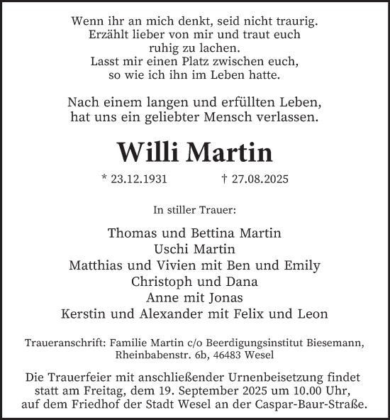 Traueranzeige von Willi Martin von Tageszeitung