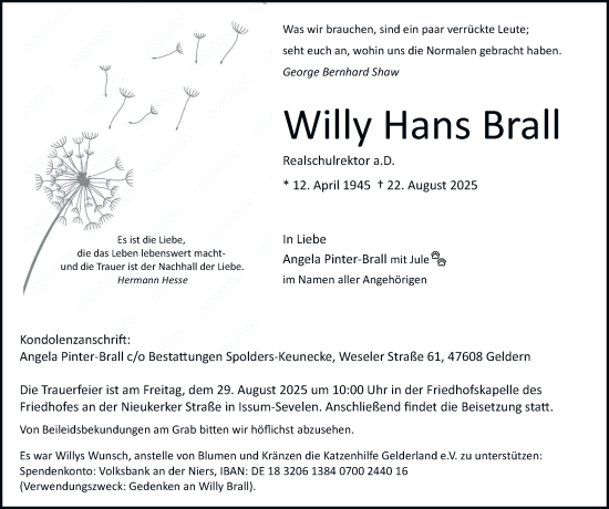 Traueranzeige von Willy Hans Brall von Tageszeitung