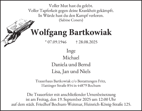Traueranzeige von Wolfgang Bartkowiak von Tageszeitung