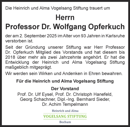 Traueranzeige von Wolfgang Opferkuch von Tageszeitung