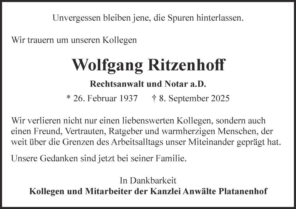  Traueranzeige für Wolfgang Ritzenhoff vom 13.09.2025 aus Tageszeitung