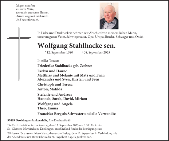 Traueranzeige von Wolfgang Stahlhacke von Tageszeitung