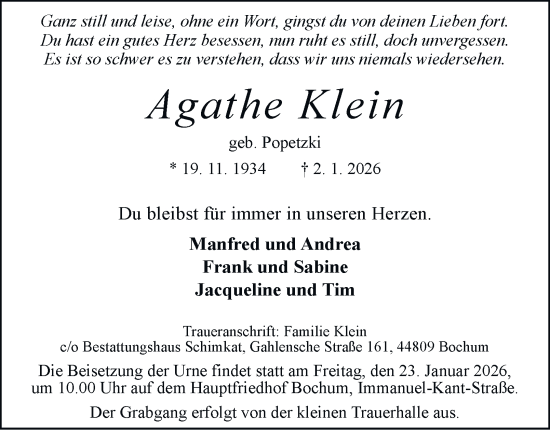 Traueranzeige von Agathe Klein von Tageszeitung
