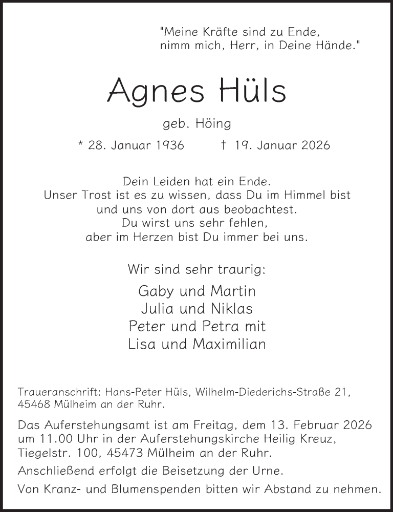  Traueranzeige für Agnes Hüls vom 31.01.2026 aus Tageszeitung