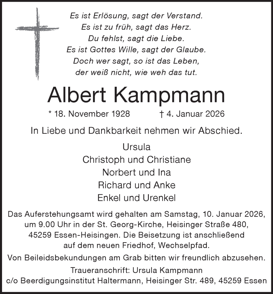  Traueranzeige für Albert Kampmann vom 07.01.2026 aus Tageszeitung
