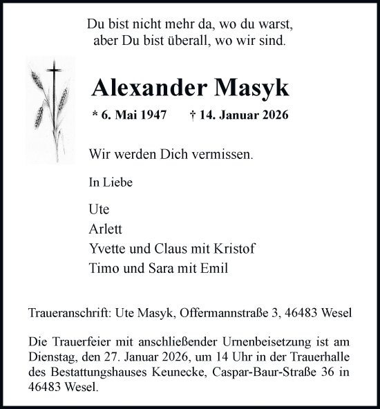 Traueranzeige von Alexander Masyk von Tageszeitung