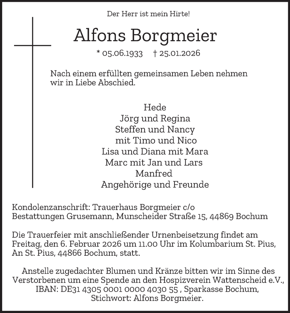  Traueranzeige für Alfons Borgmeier vom 31.01.2026 aus Tageszeitung