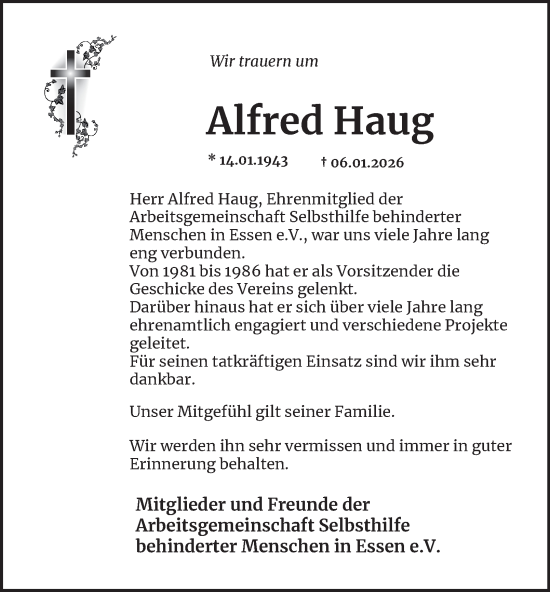 Traueranzeige von Alfred Haug von Tageszeitung