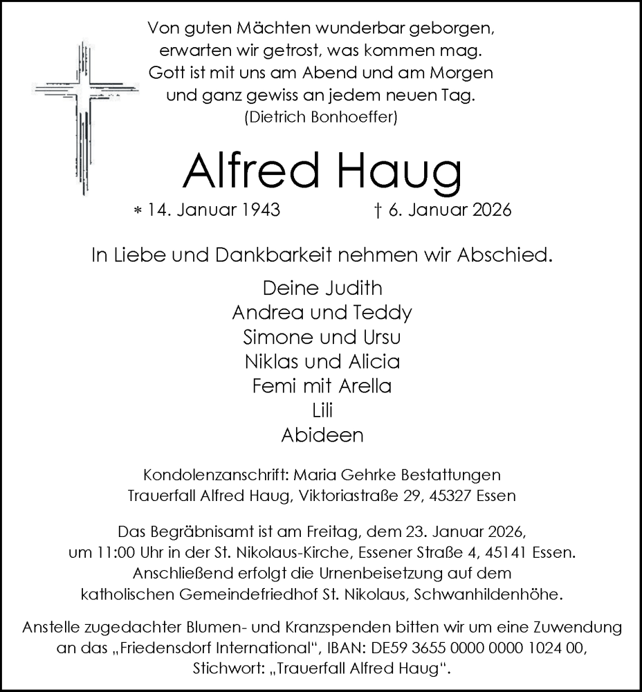  Traueranzeige für Alfred Haug vom 17.01.2026 aus Tageszeitung