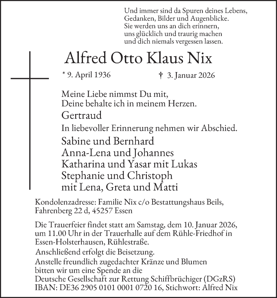  Traueranzeige für Alfred Otto Klaus Nix vom 07.01.2026 aus Tageszeitung