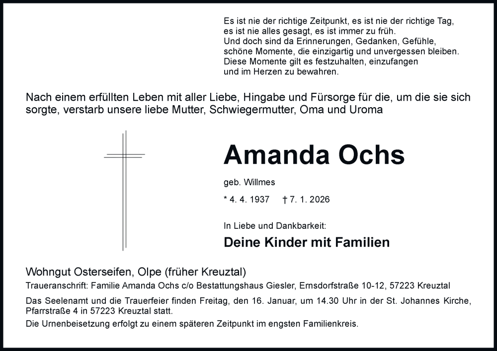  Traueranzeige für Amanda Ochs vom 13.01.2026 aus Tageszeitung
