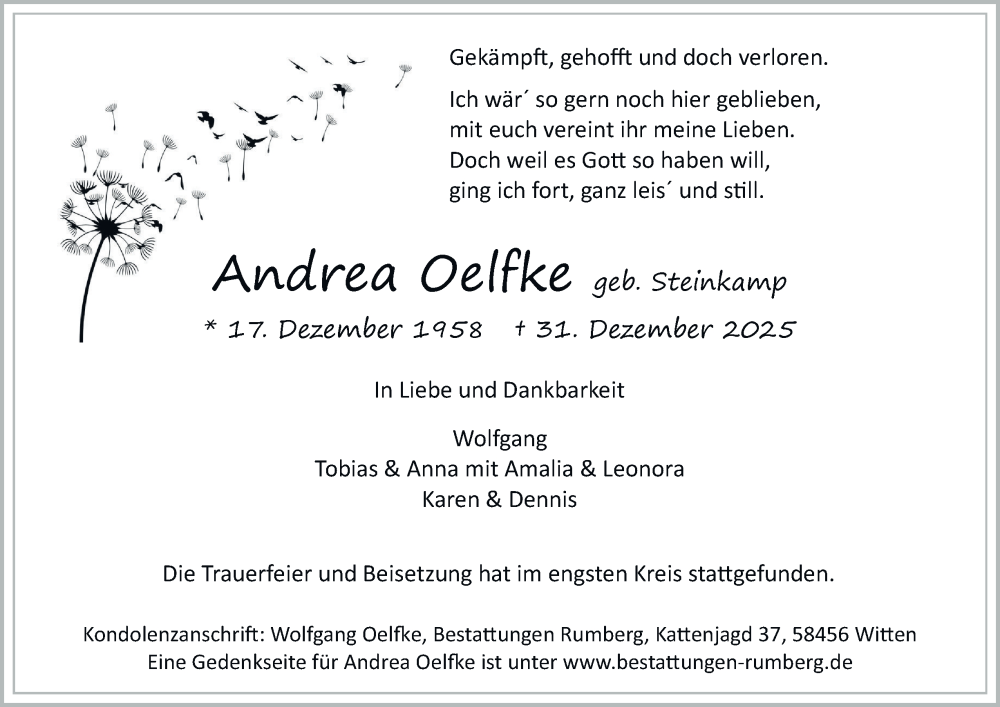  Traueranzeige für Andrea Oelfke vom 24.01.2026 aus Tageszeitung