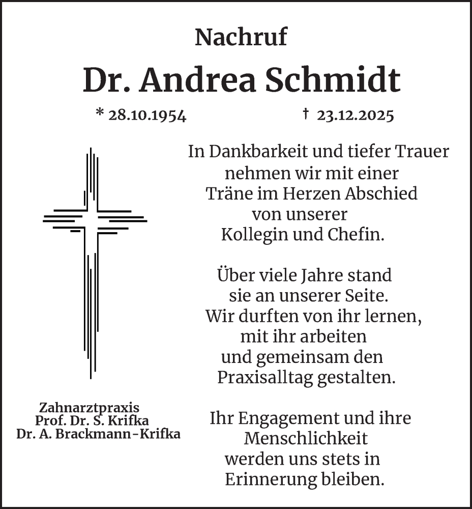  Traueranzeige für Andrea Schmidt vom 17.01.2026 aus Tageszeitung
