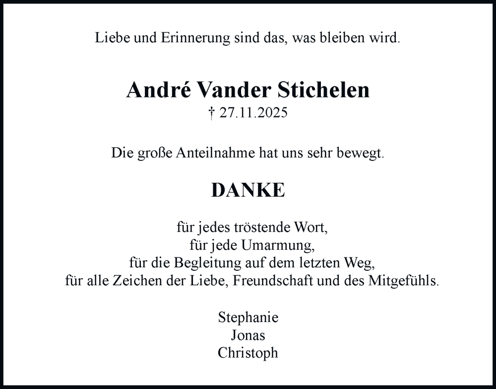  Traueranzeige für André Vander Stichelen vom 24.01.2026 aus Tageszeitung
