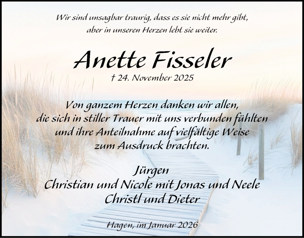  Traueranzeige für Anette Fisseler vom 10.01.2026 aus Tageszeitung