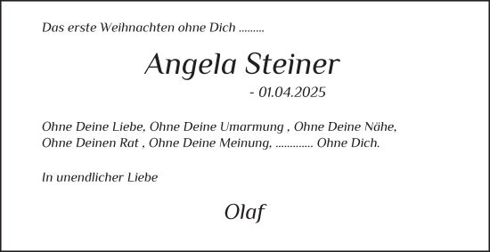 Traueranzeige von Angela Steiner von Tageszeitung