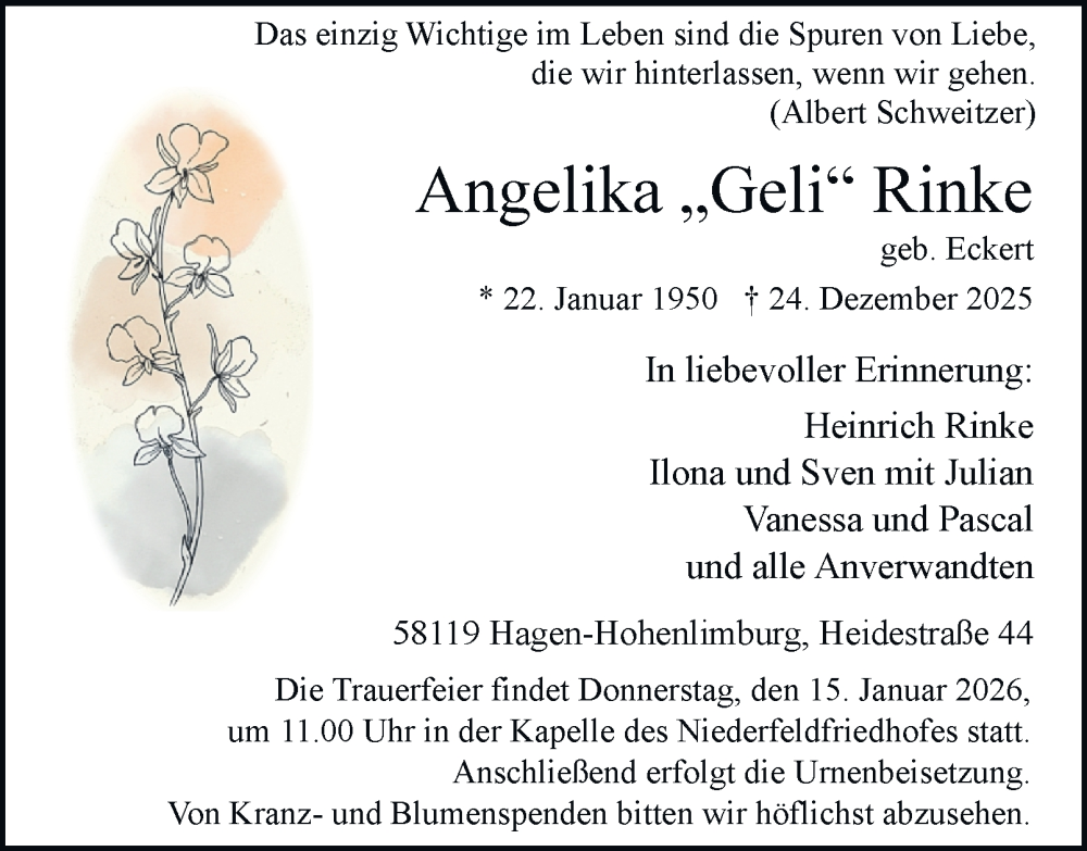  Traueranzeige für Angelika Rinke vom 10.01.2026 aus Tageszeitung