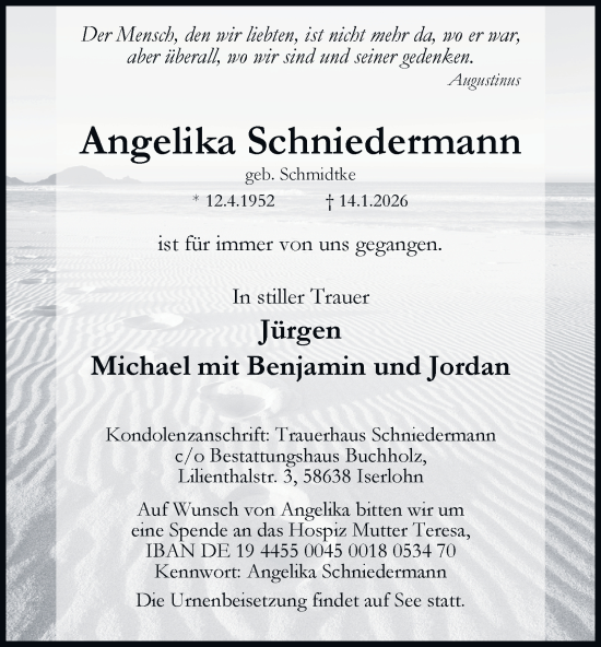 Traueranzeige von Angelika Schniedermann von Tageszeitung