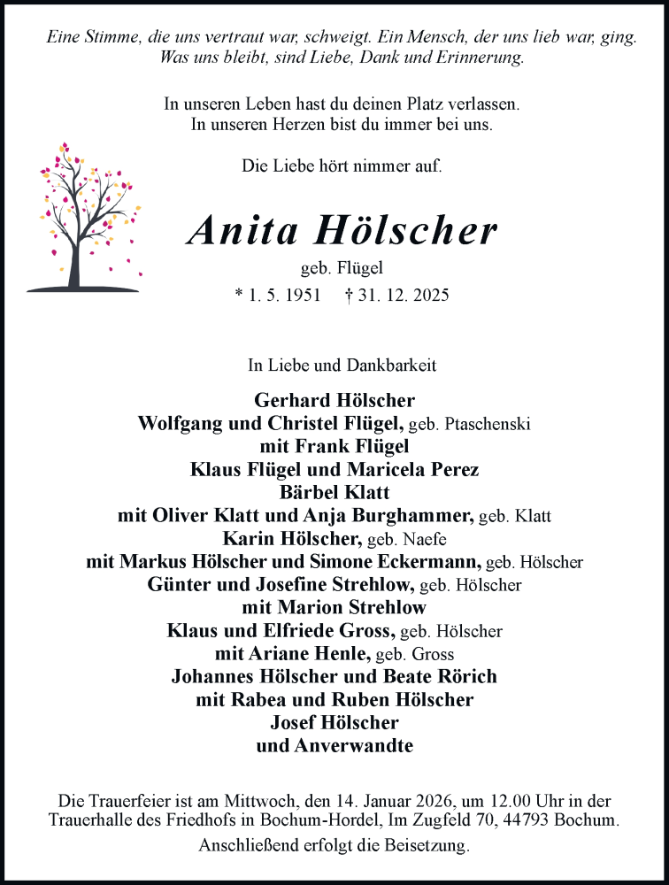  Traueranzeige für Anita Hölscher vom 10.01.2026 aus Tageszeitung