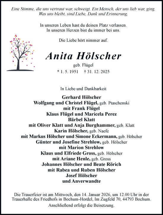 Traueranzeige von Anita Hölscher von Tageszeitung