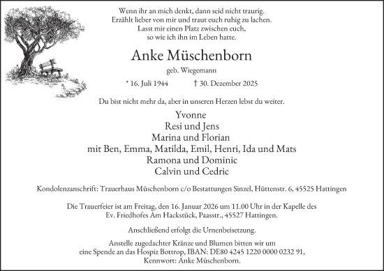 Traueranzeige von Anke Müschenborn von Tageszeitung
