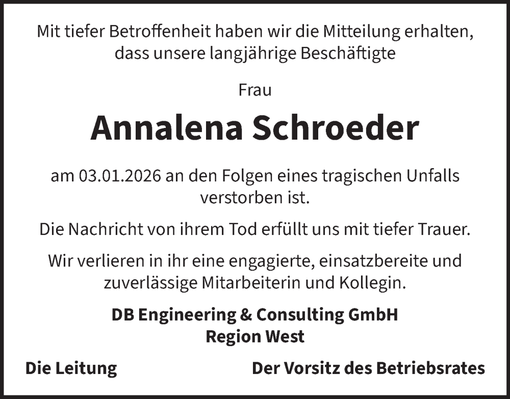  Traueranzeige für Annalena Schroeder vom 17.01.2026 aus Tageszeitung