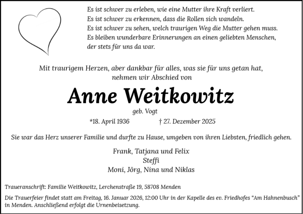  Traueranzeige für Anne Weitkowitz vom 03.01.2026 aus Tageszeitung