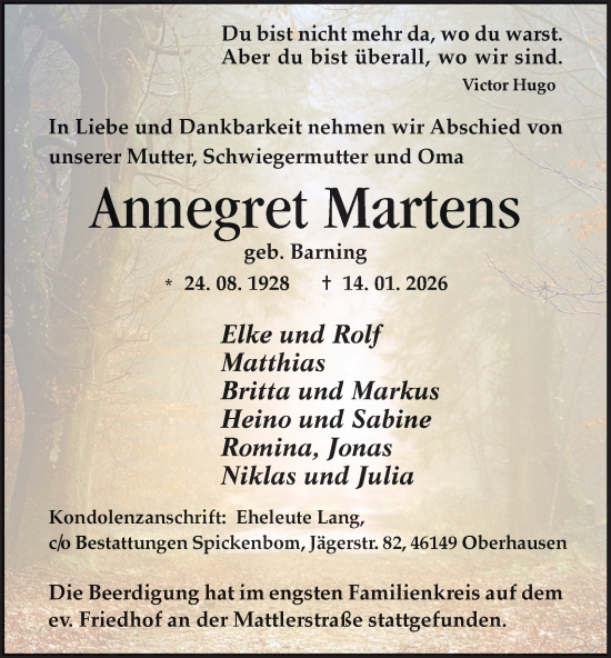 Traueranzeige von Annegret Martens von Tageszeitung