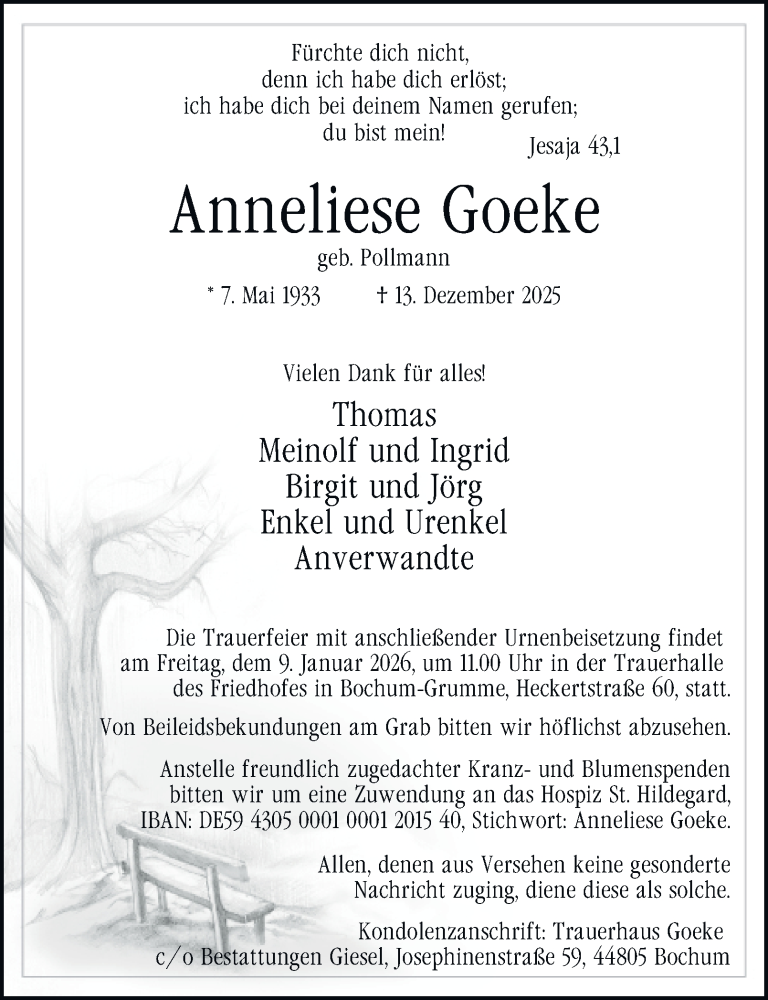  Traueranzeige für Anneliese Goeke vom 03.01.2026 aus Tageszeitung