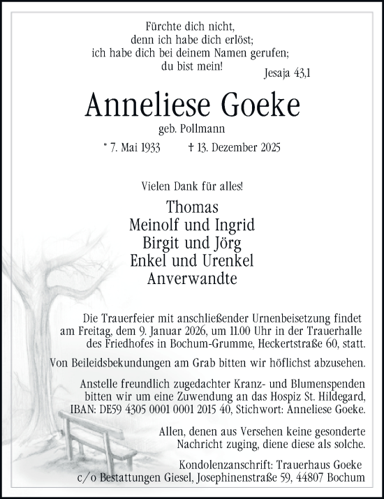 Traueranzeige von Anneliese Goeke von Tageszeitung