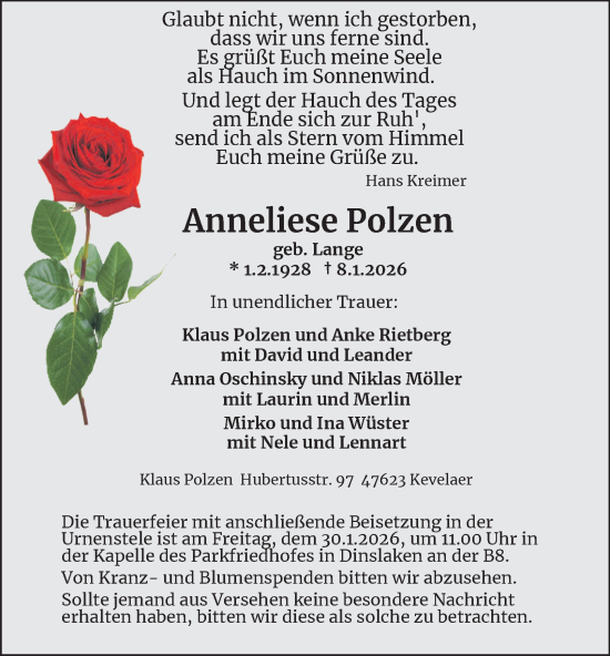 Traueranzeige von Anneliese Polzen von Tageszeitung