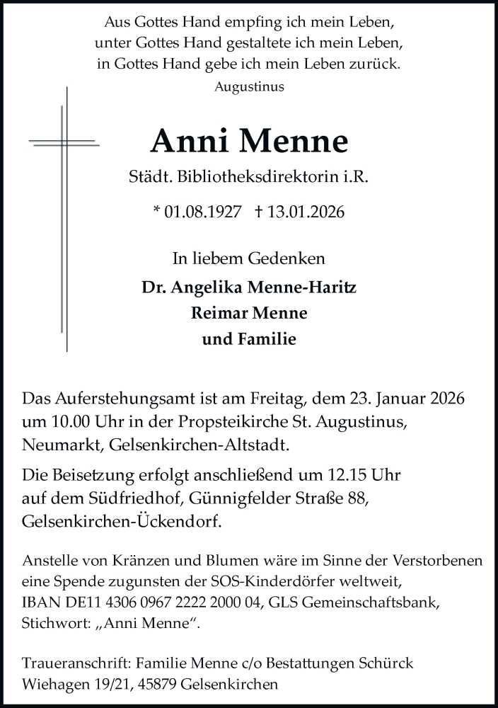  Traueranzeige für Anni Menne vom 17.01.2026 aus Tageszeitung